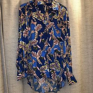 Free people blue floral silk button up shirt